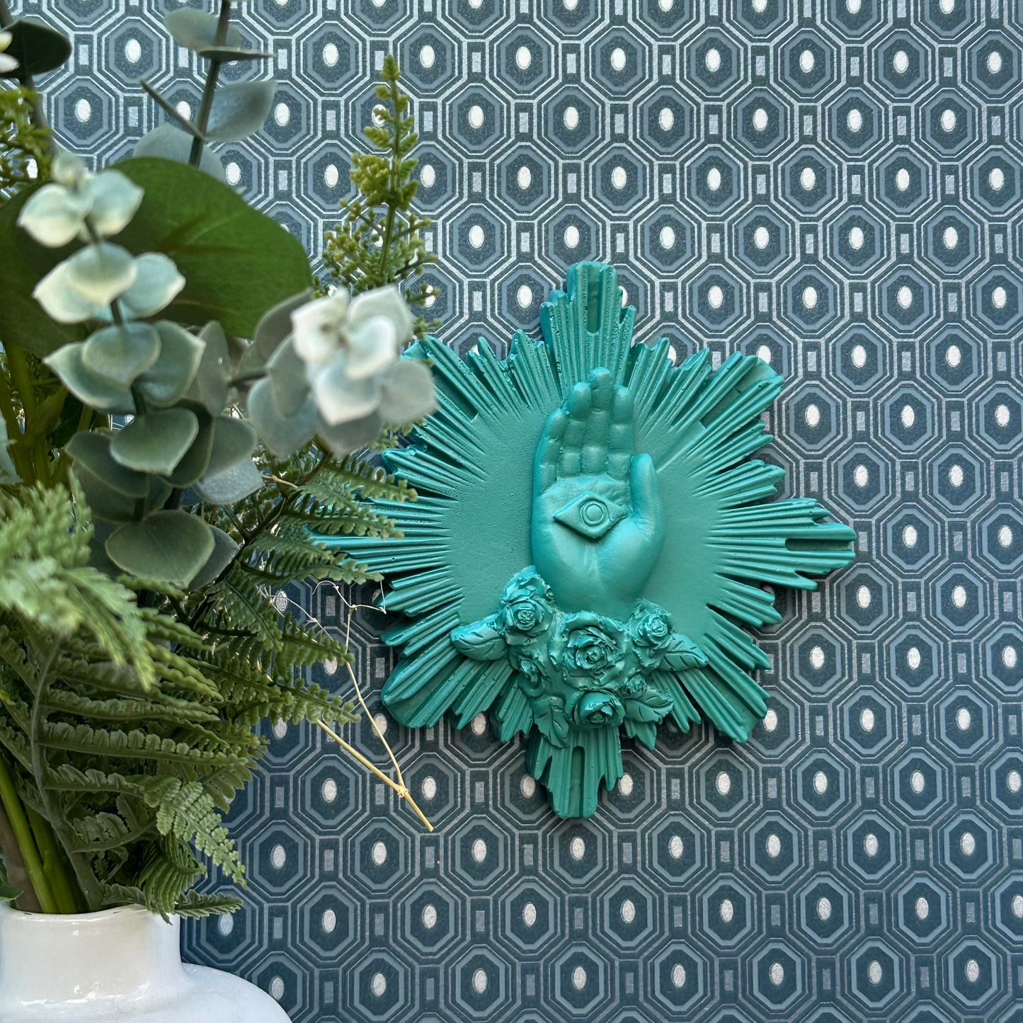 Ex-voto décoration murale main "La main de Marie" - Couleurs automne/hiver vert émeraude