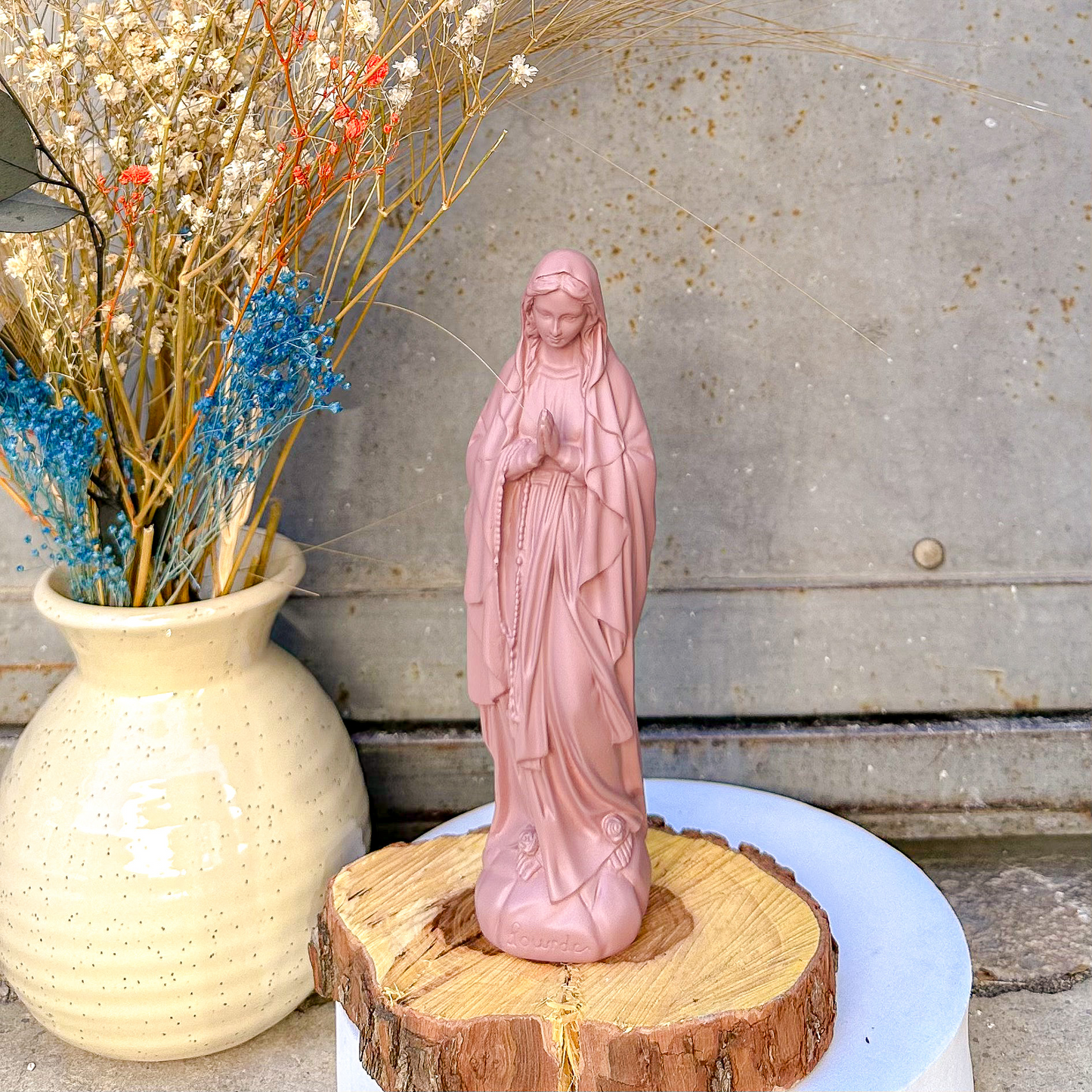 Statuette décoration d'intérieur Vierge Marie Lourdes 18 cm - couleurs automne | hiver argile rose