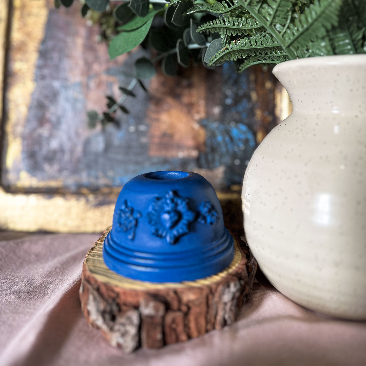 Bougeoir ex-voto coeur sacré plâtre - J'ai vu la Vierge - Couleurs de saison Bleu Tornade