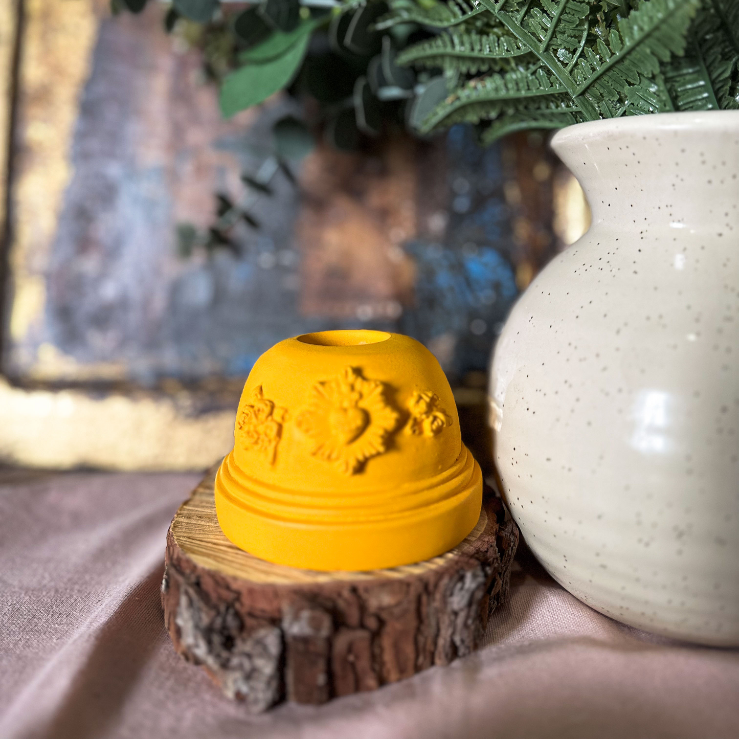 Bougeoir ex-voto coeur sacré plâtre - J'ai vu la Vierge - Couleurs de saison Jaune Ambre