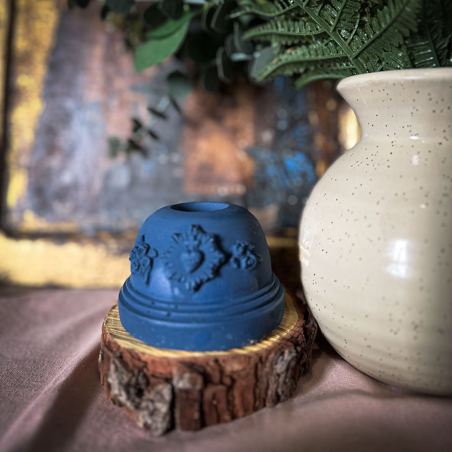 Bougeoir ex-voto coeur sacré plâtre - J'ai vu la Vierge - Couleurs de saison Bleu outremer