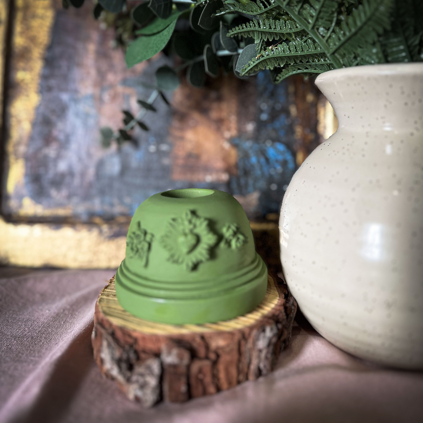 Bougeoir ex-voto coeur sacré plâtre - J'ai vu la Vierge - Couleurs de saison Vert Kaki