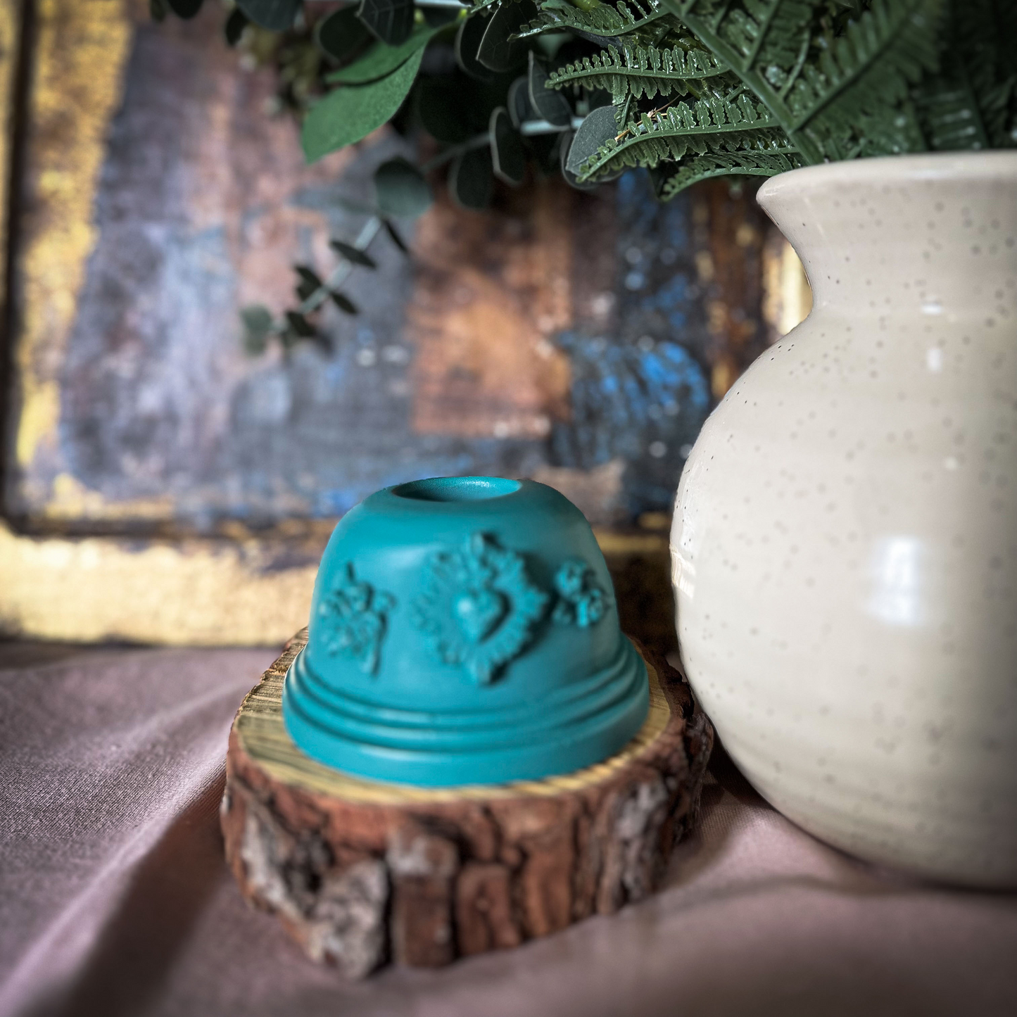 Bougeoir ex-voto coeur sacré plâtre - J'ai vu la Vierge - Couleurs de saison vert émeraude