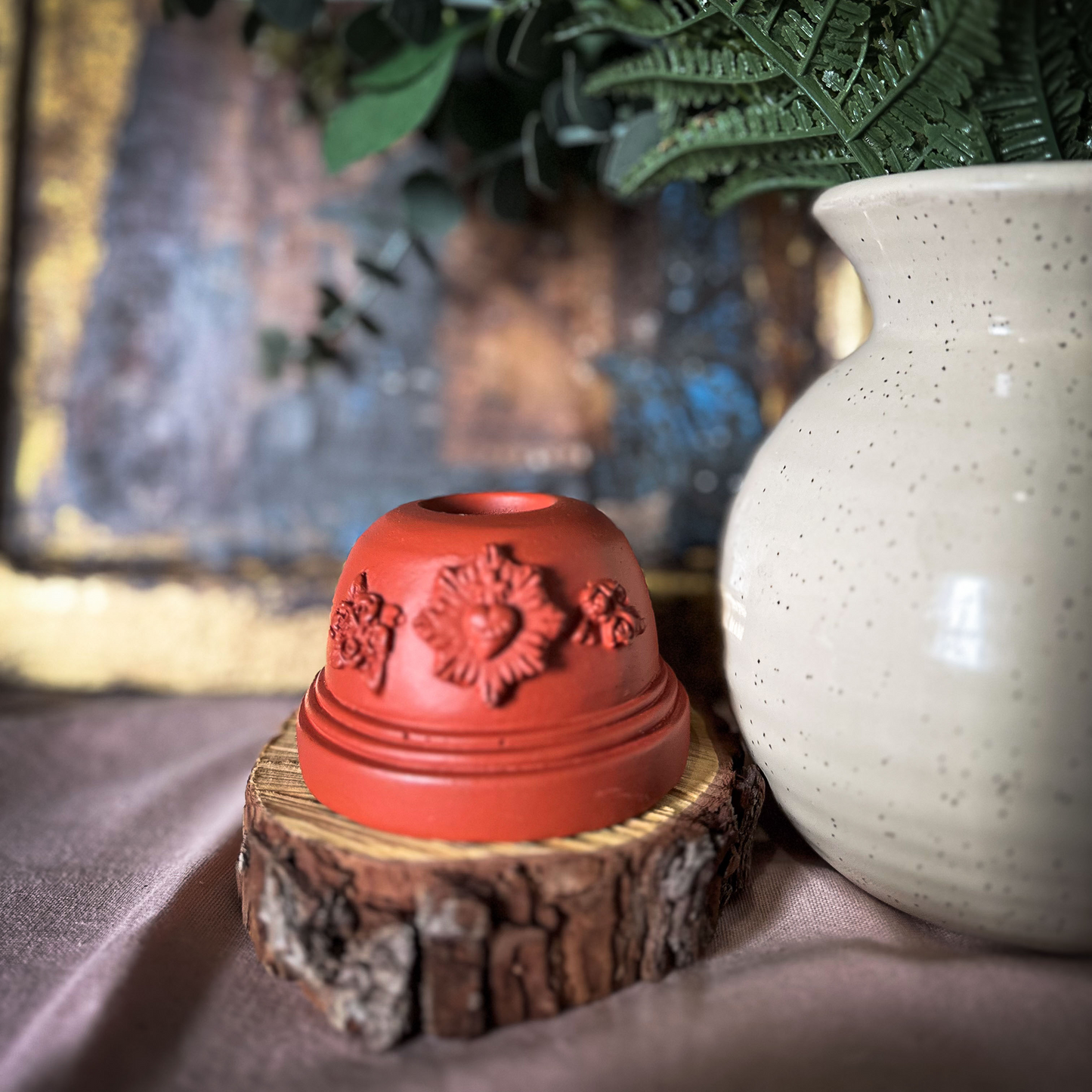 Bougeoir ex-voto coeur sacré plâtre - J'ai vu la Vierge - Couleurs de saison terracotta
