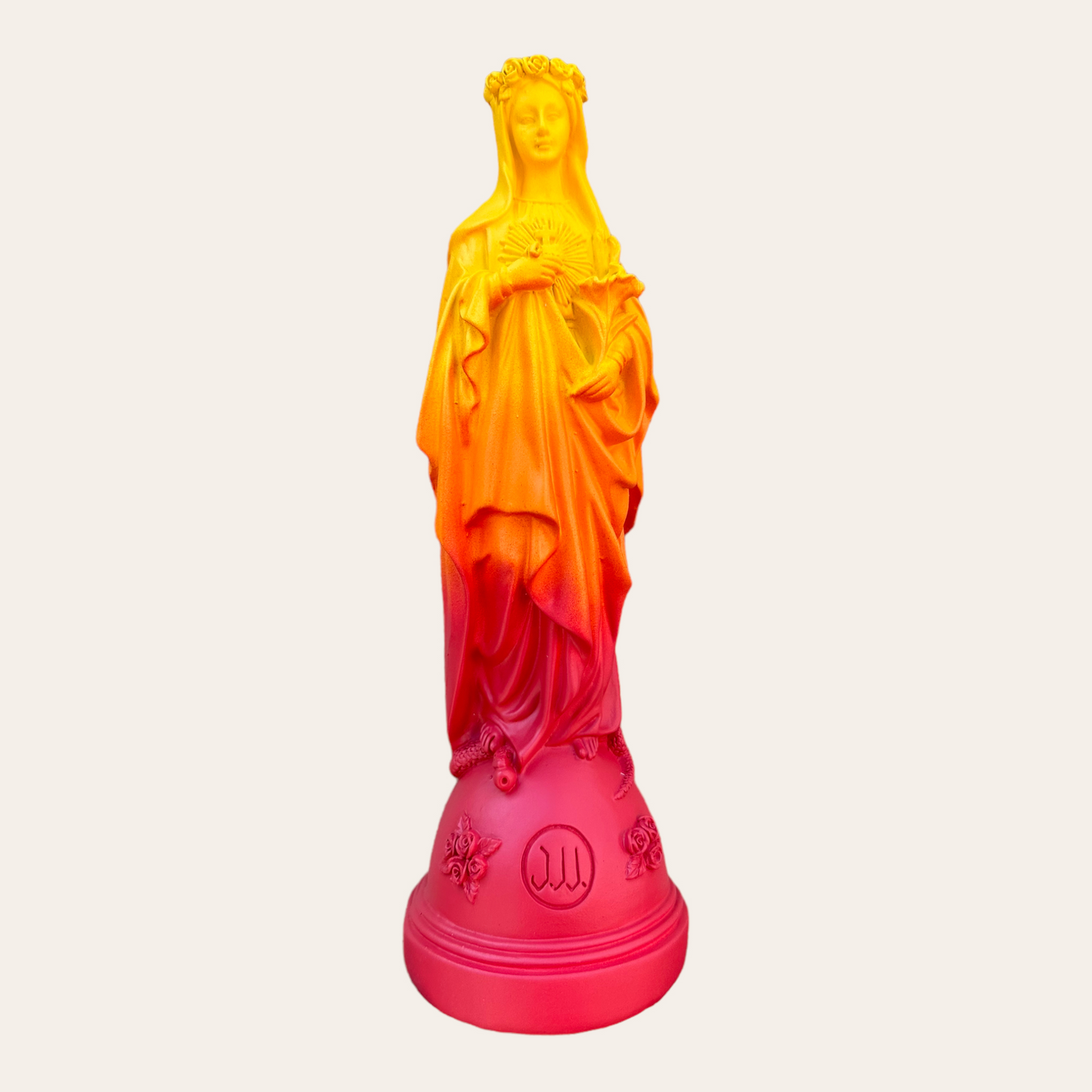 Statuette Marie aux fleurs couleurs Tie and Dye dégradé jaune