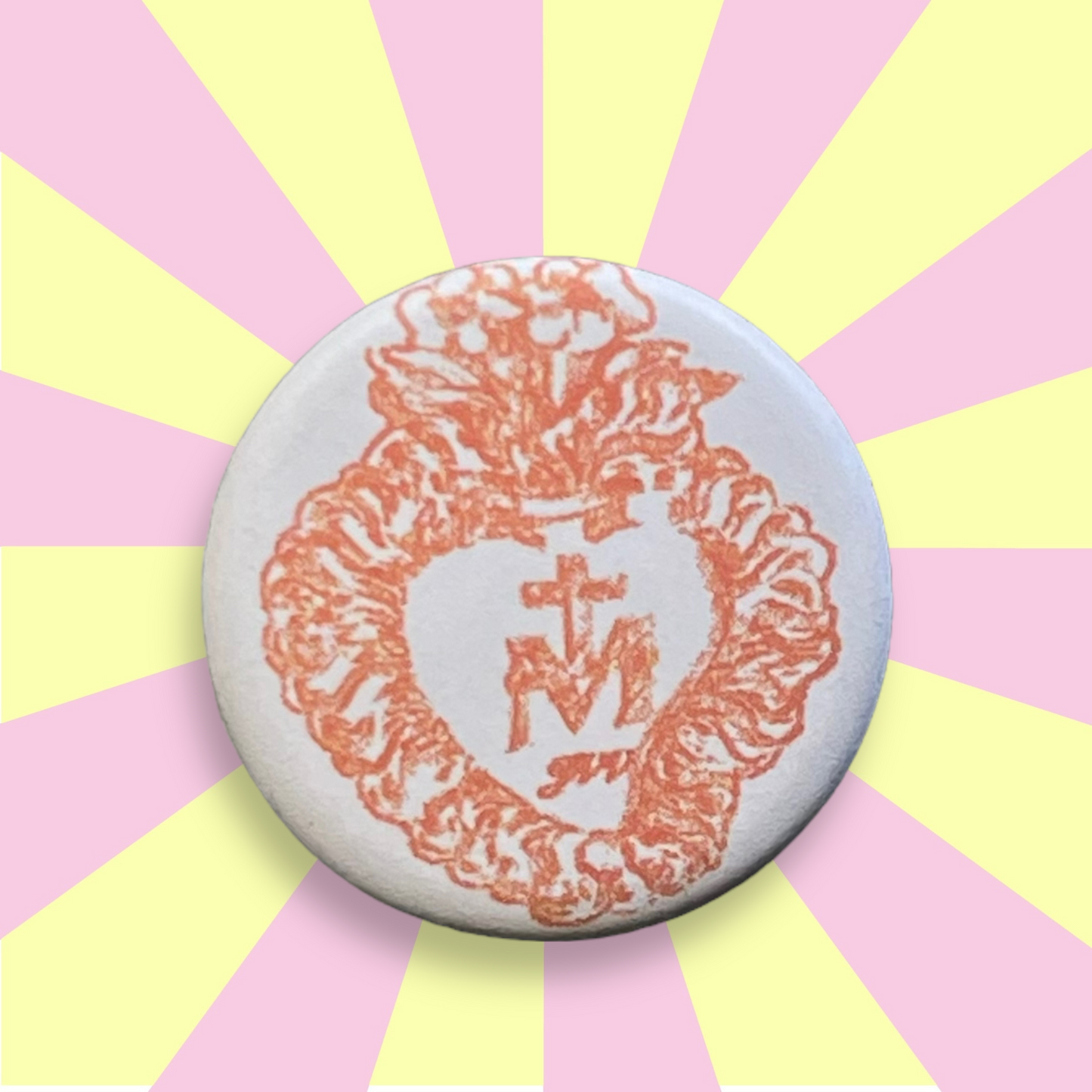 Broche & badges bouton rond 25 mm J'ai vu la Vierge coeur de Marie abricot