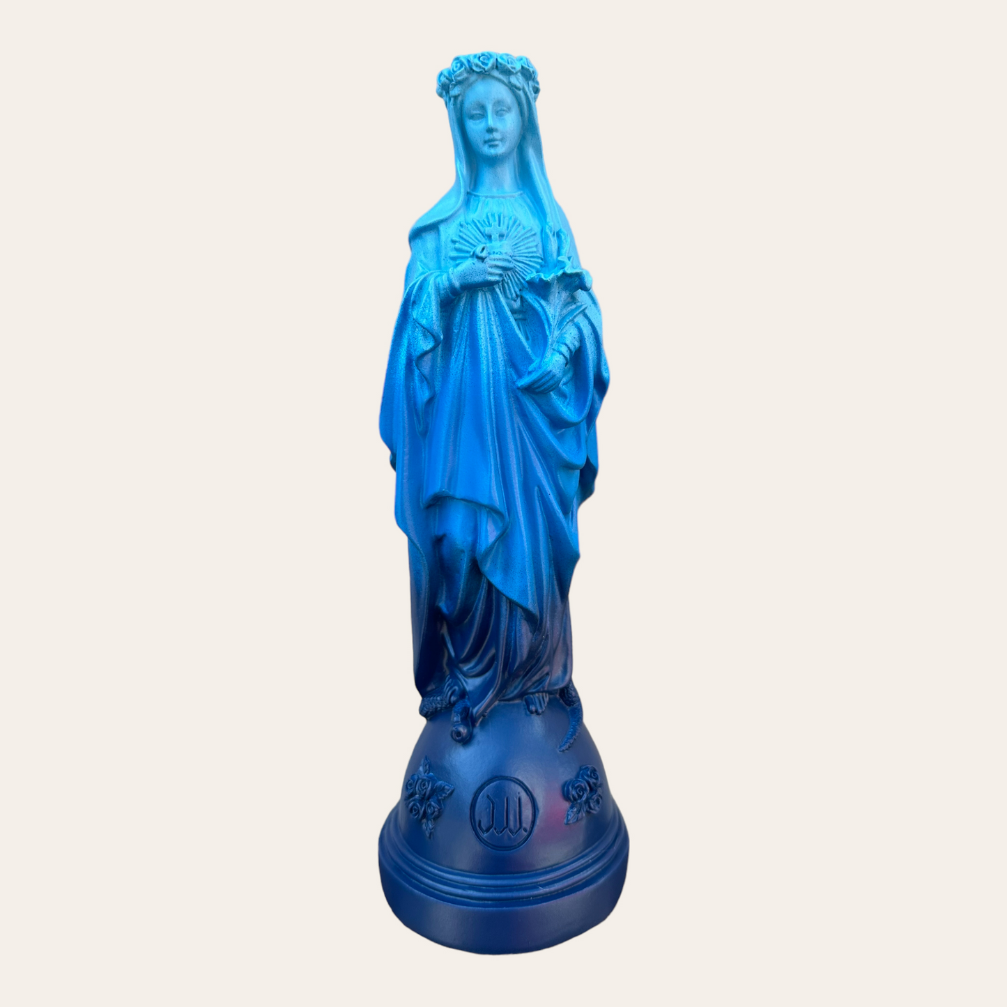 Statuette Marie aux fleurs couleurs Tie and Dye dégradé bleu