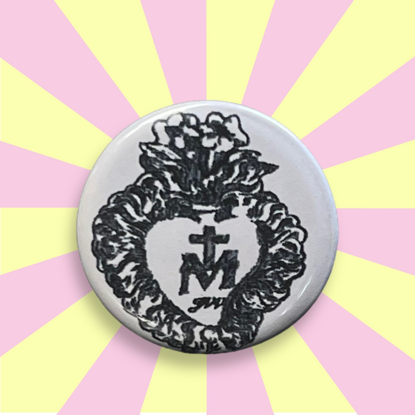 Broche & badges bouton rond 25 mm J'ai vu la Vierge coeur de marie noir