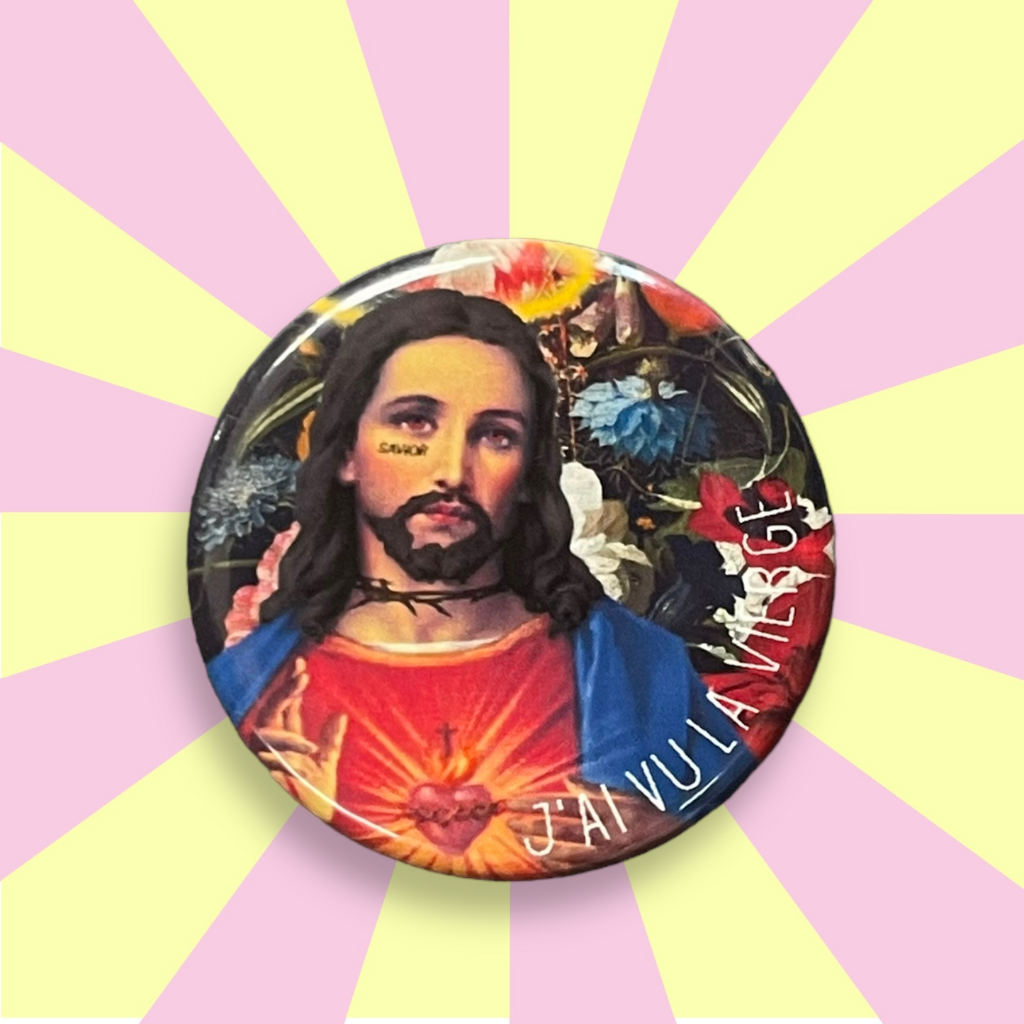 Broche & badge bouton rond J'ai vu la vierge 35 mm jésus loves you