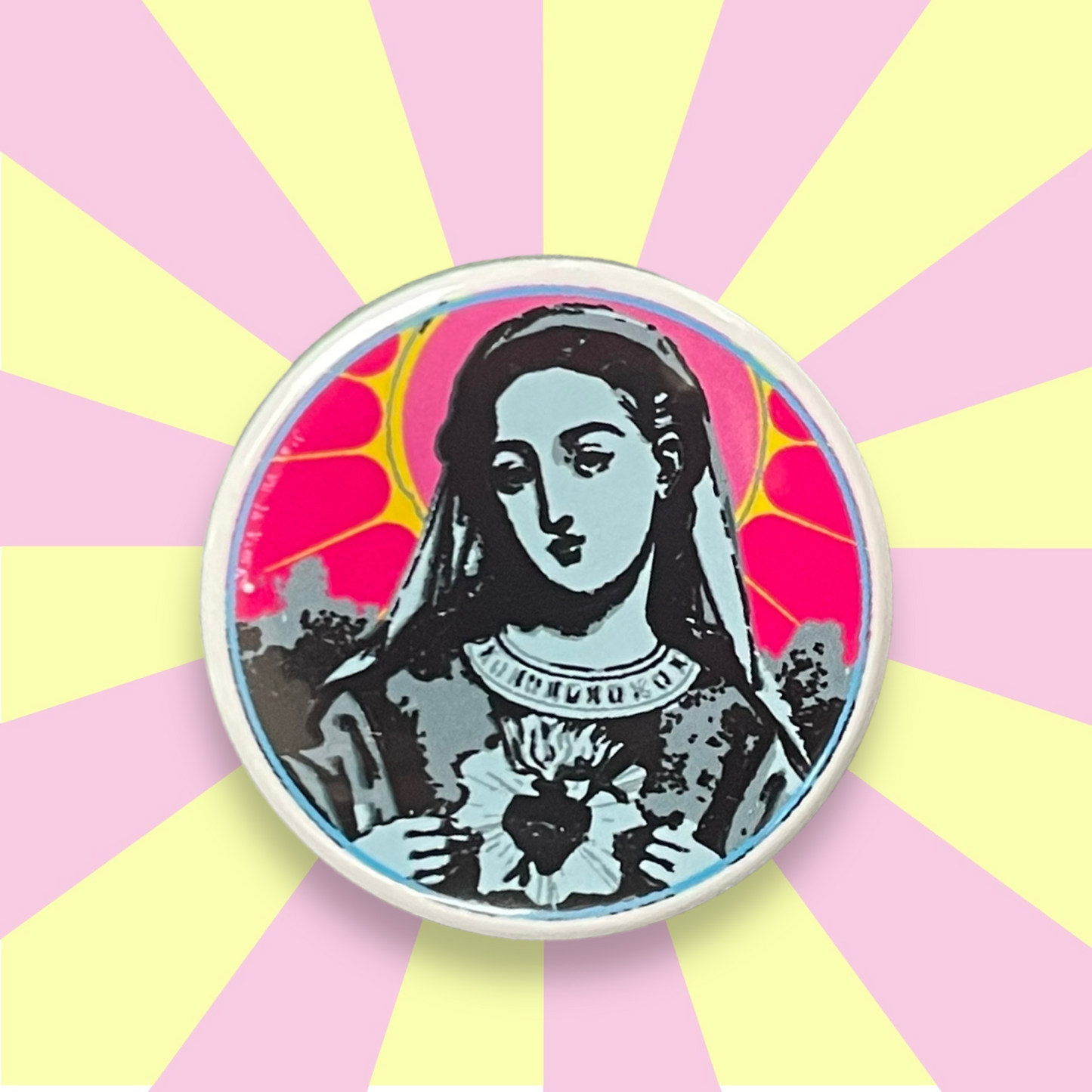 Broche & badge bouton rond J'ai vu la vierge 35 mm vierge marie pink
