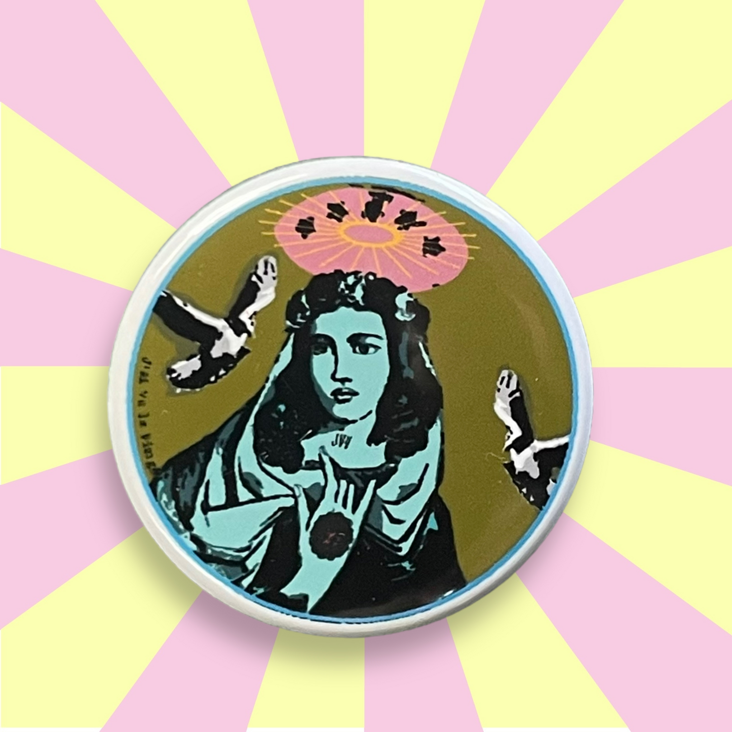 Broche & badge bouton rond J'ai vu la vierge 35 mm marie aux fleurs vert olive