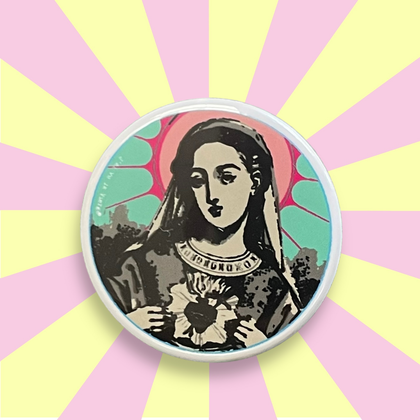 Broche & badge bouton rond J'ai vu la vierge 35 mm vierge marie bleu splash