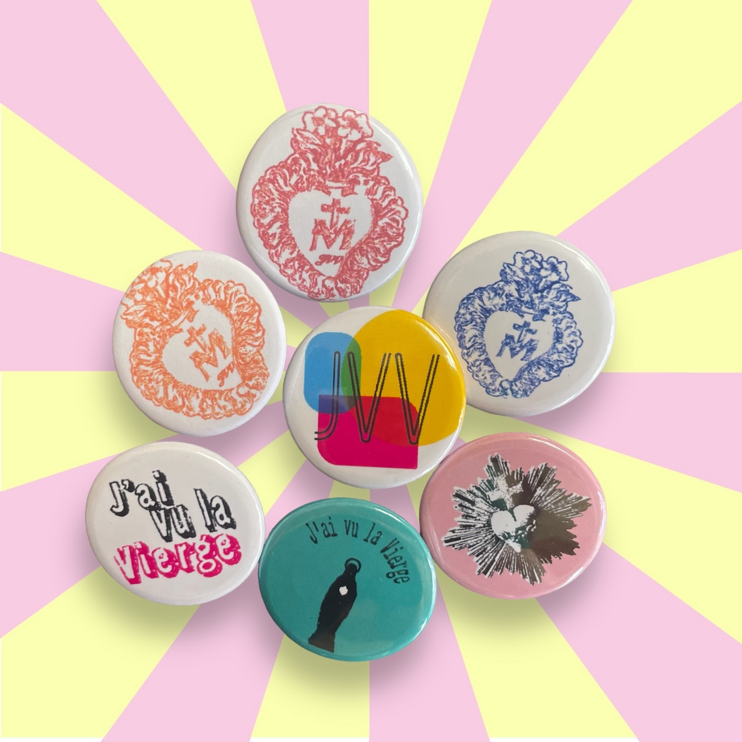 Badge bouton rond 25 mm design J'ai vu la Vierge, coeur de Marie et ex-voto