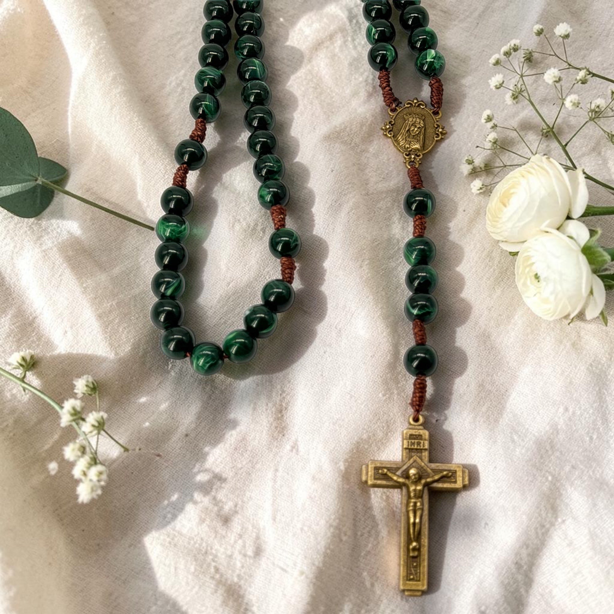 Chapelet Notre-Dame de Fatima en Malachite Reconstituée – Édition Limitée