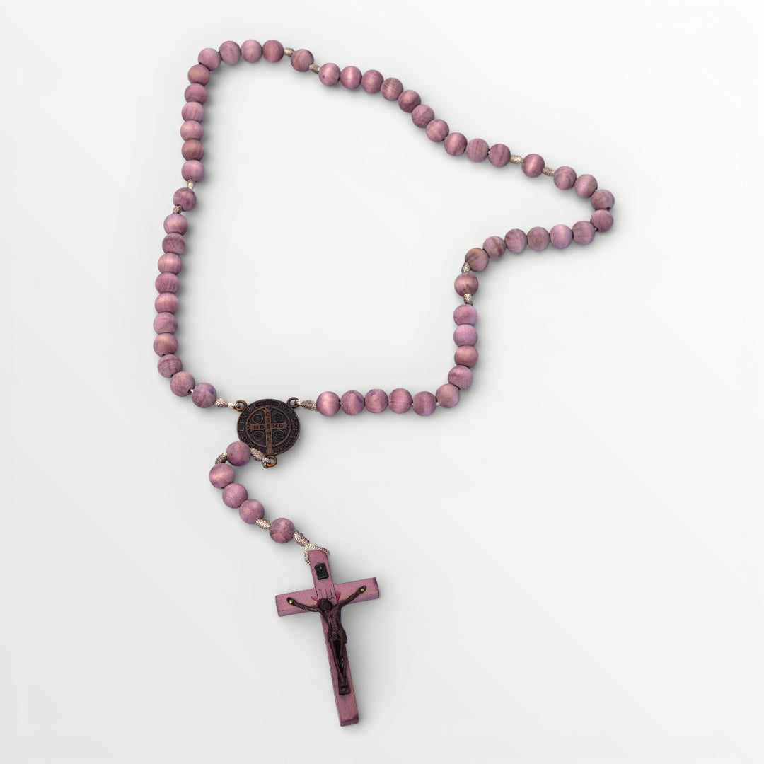 Chapelet en bois teinté rose mûre – J’ai vu la Vierge