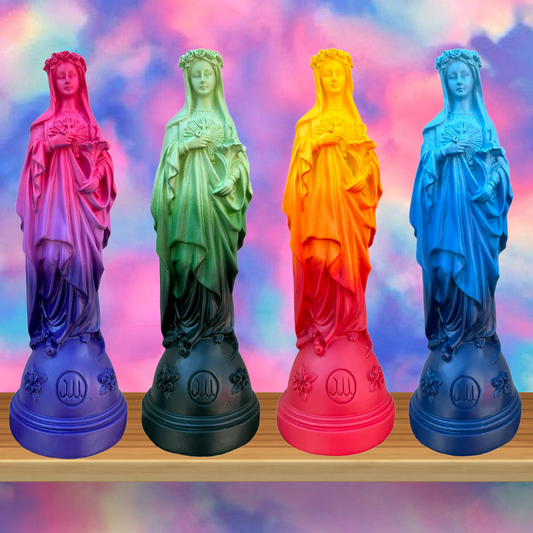Statuettes religieuses Vierge Marie, Marie aux fleurs, Vierge à l'enfant,  Sainte-Rita, Sainte Erzulie-Freda, Marie au globe, Marie Madeleine et Jésus  Loves You - J'ai vu la Vierge