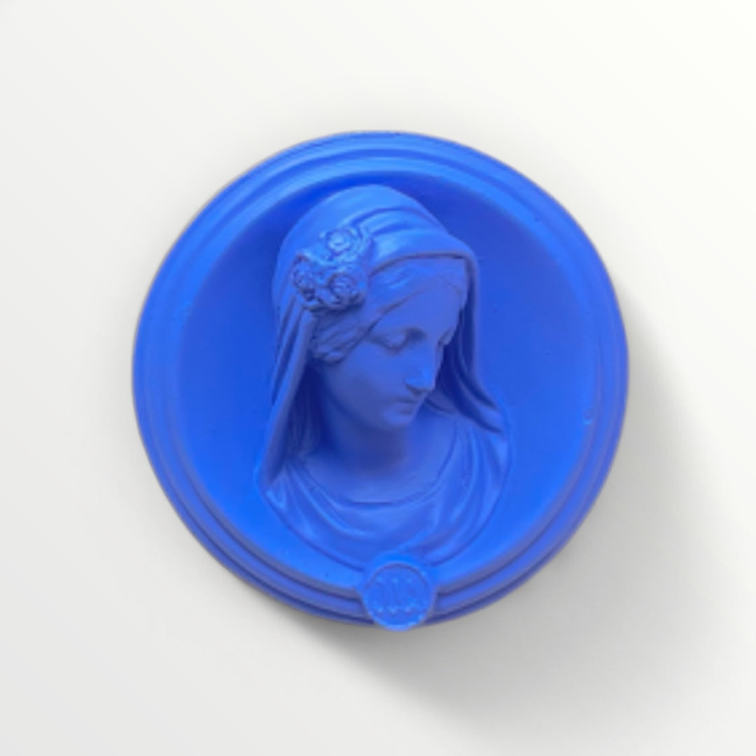 Ex-voto visage de Marie en relief - Selfie bleu lavande