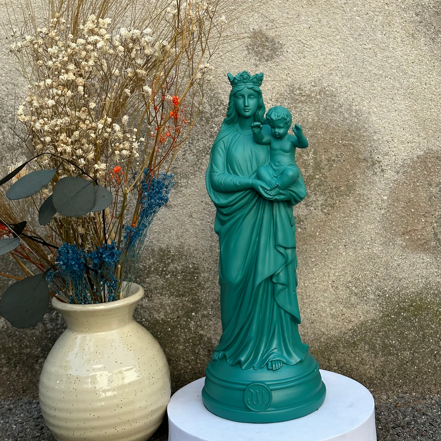 Statuette décoration d'intérieur Notre-Dame de la Garde, J'ai vu la Vierge de 30 cm -Couleurs automne/hiver émeraude