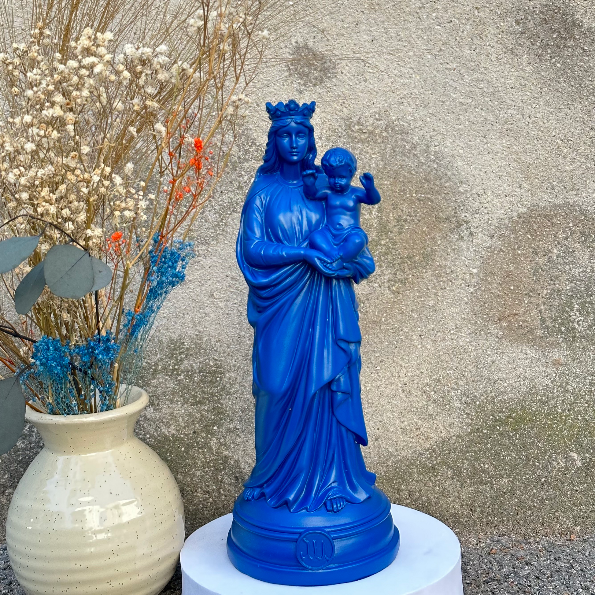 Statuette décoration d'intérieur Notre-Dame de la Garde, J'ai vu la Vierge de 30 cm -Couleurs automne/hiver bleu tornade