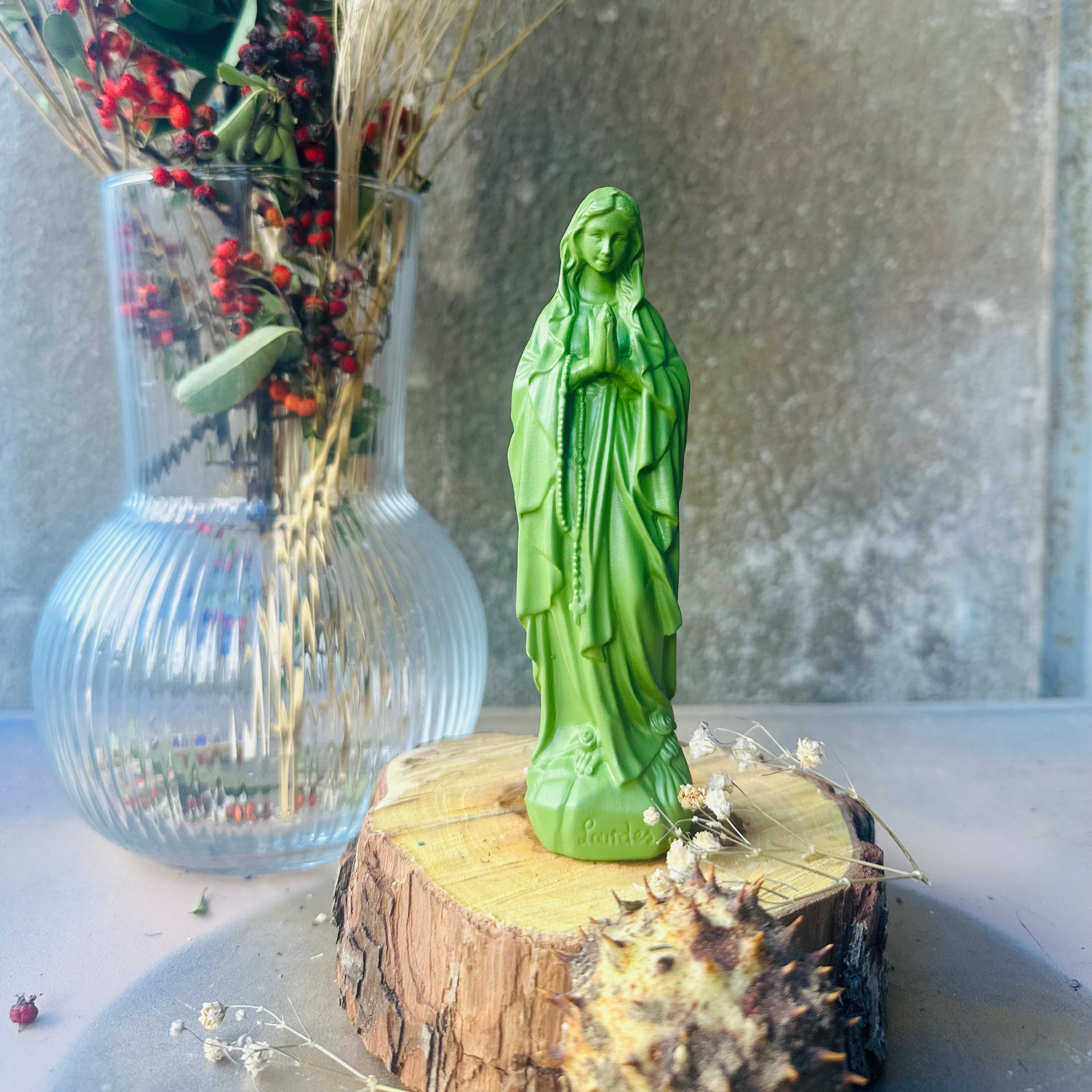 Statuette décoration d'intérieur Vierge Petite Marie Lourdes 12cm - couleurs automne |hiver vert kaki