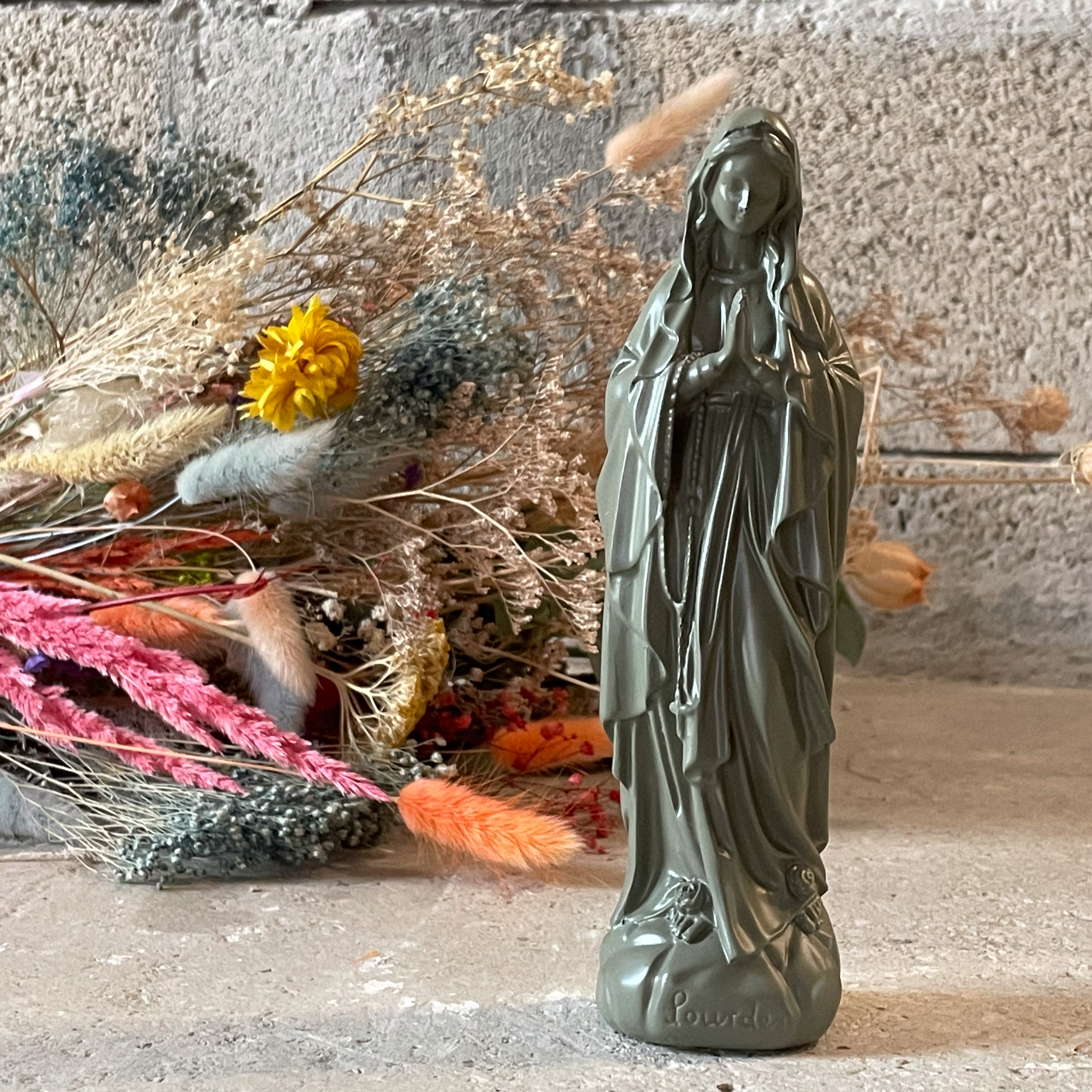 Statuette décoration d'intérieur Vierge Marie Lourdes vert olive 