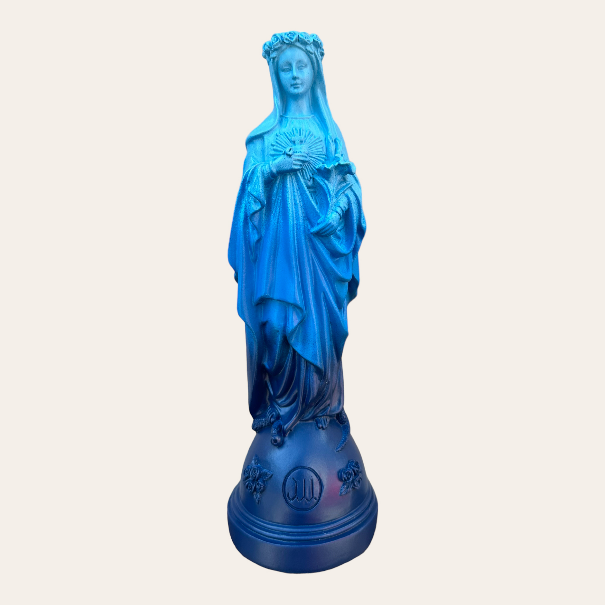 Statuette Marie aux fleurs couleurs Tie and Dye dégradé bleu 