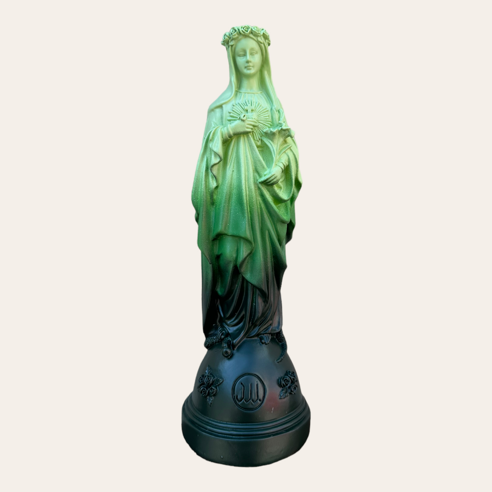 Statuette Marie aux fleurs couleurs Tie and Dye dégradé vert 