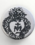 Round button badge 25 mm design I saw the Virgin, heart of Mary and ex-voto