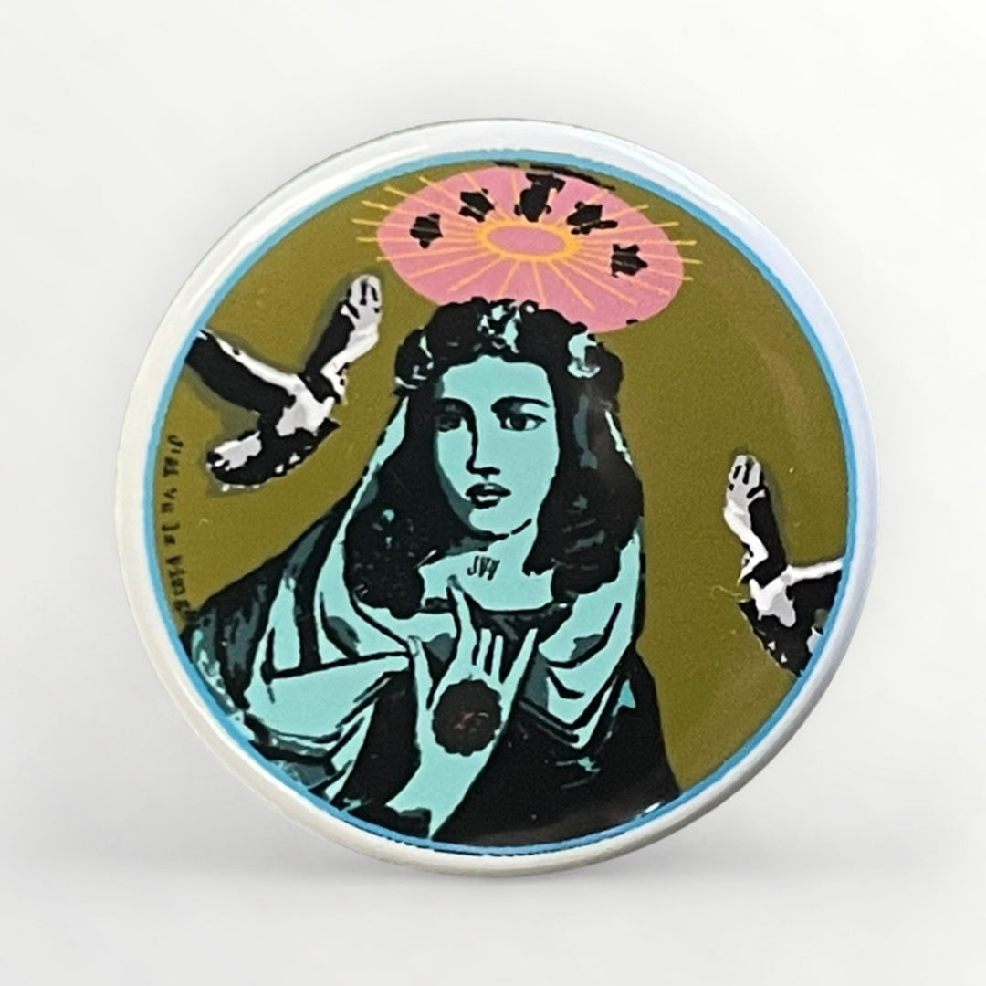 Round button badge 38 mm design Virgin, Jesus, ex-voto