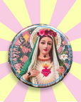 Broche & badge bouton rond J'ai vu la vierge 35 mm marie aux fleurs