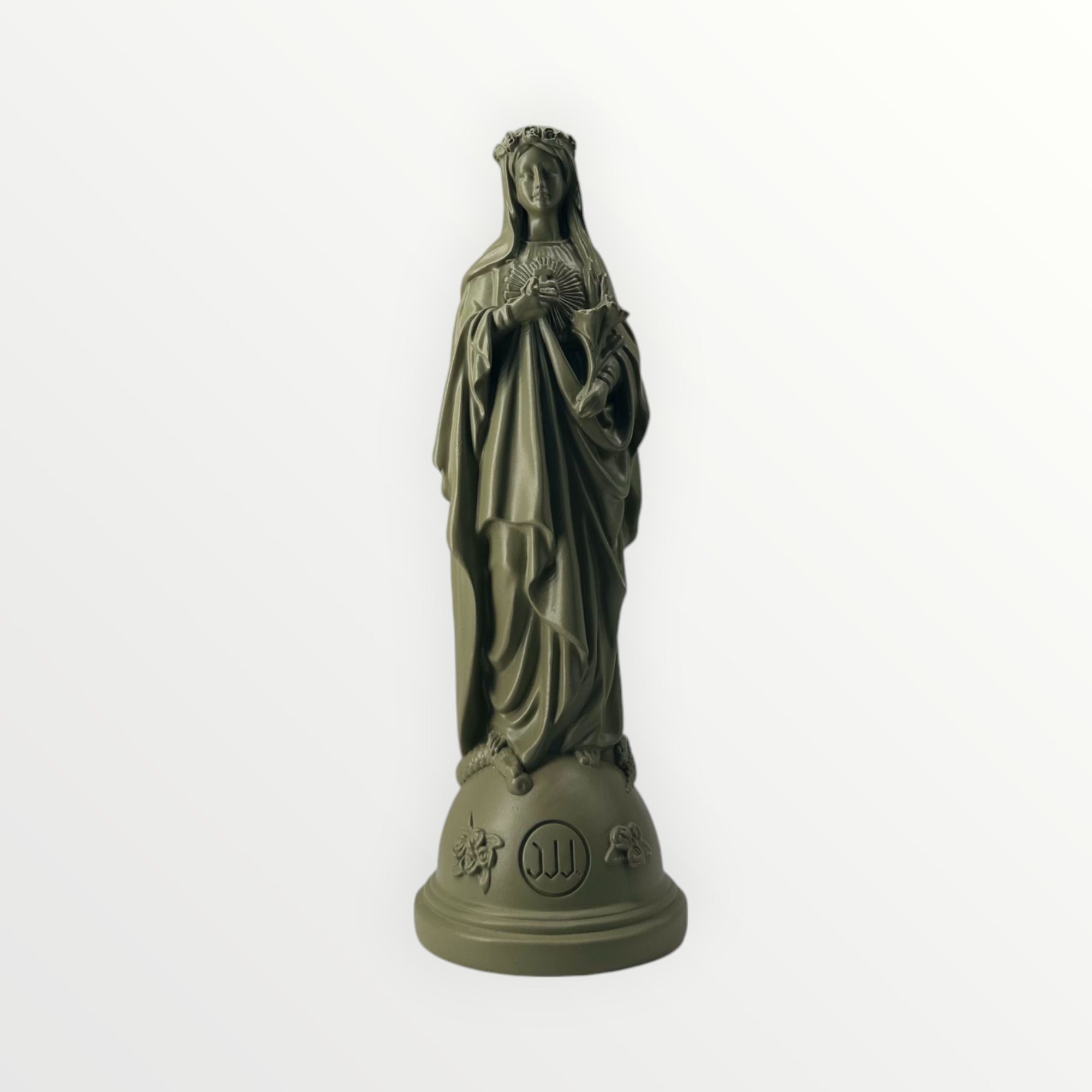 Statuette de la Vierge Marie aux Fleurs vert olive