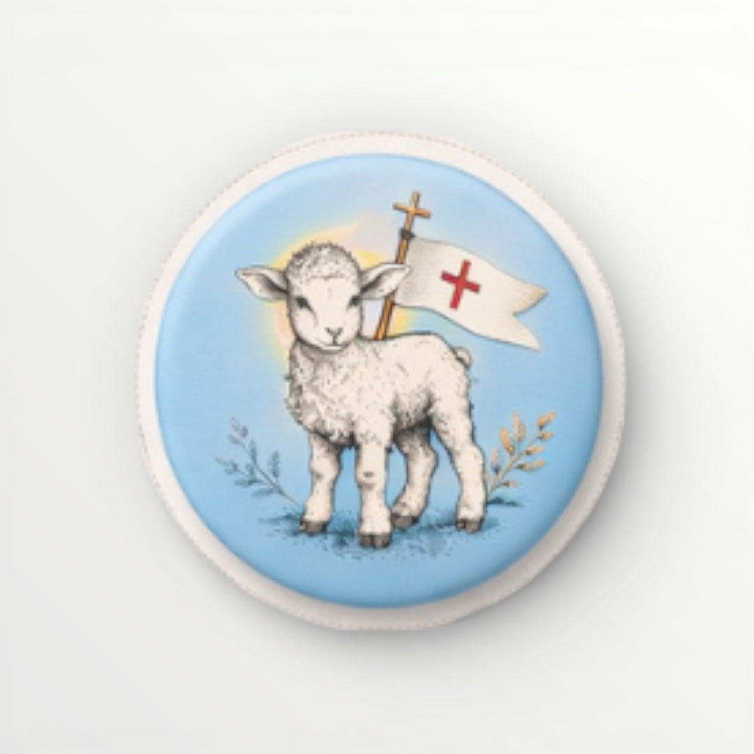 badge agnus dei bleu ciel paques badge chretien
