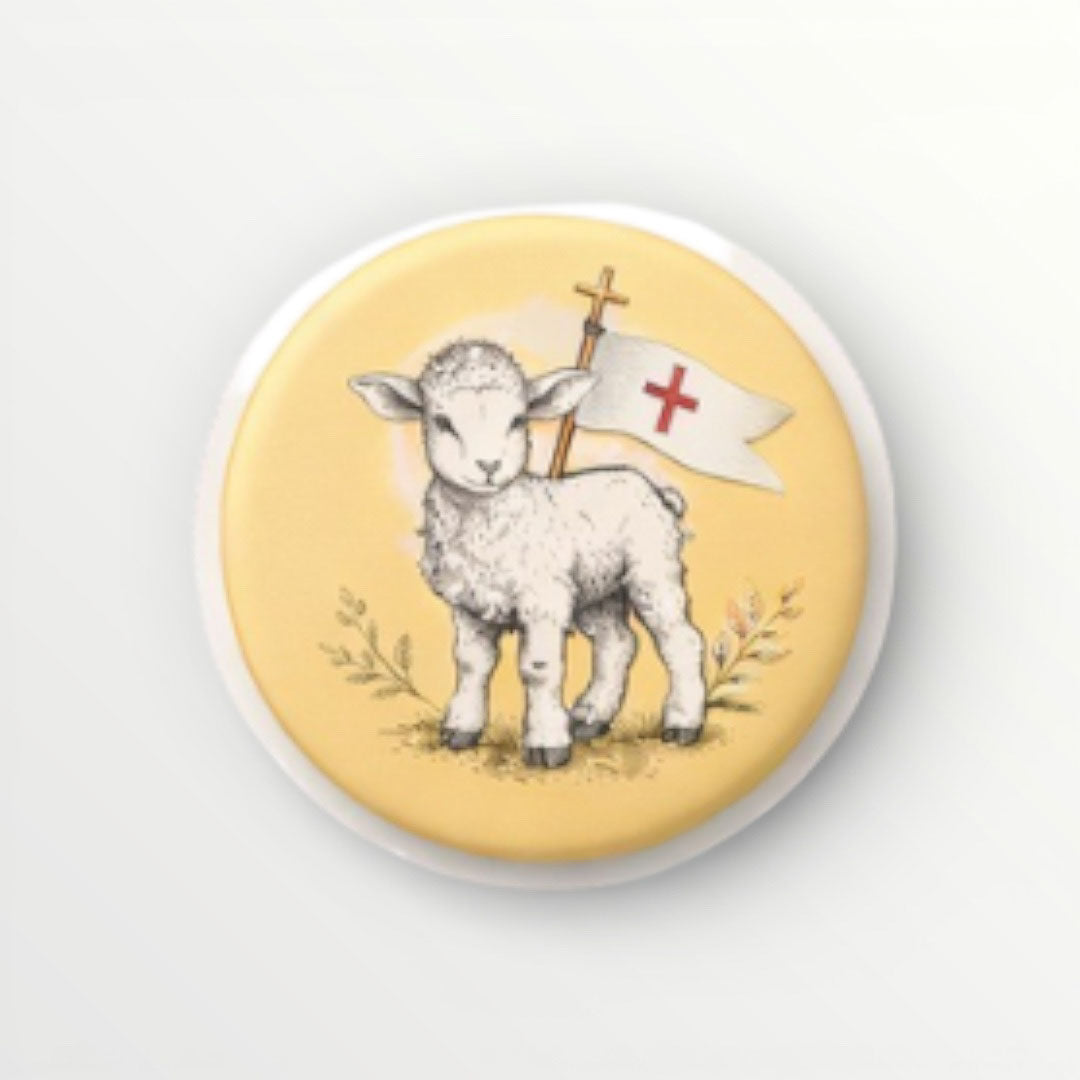 badge agnus dei jaune paille paques badge religieux